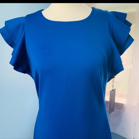 Tommy HilfigerScuba Crew Neck Flutter Ruffle Cap Sleeve Sheath Dress - Picture 4 of 7